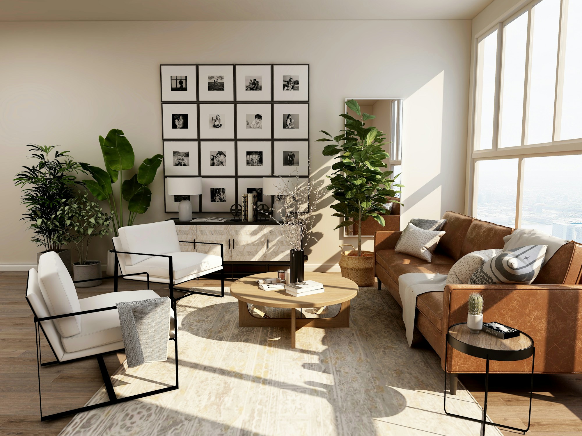 Ambiente residenziale luminoso con arredi e materiali naturali